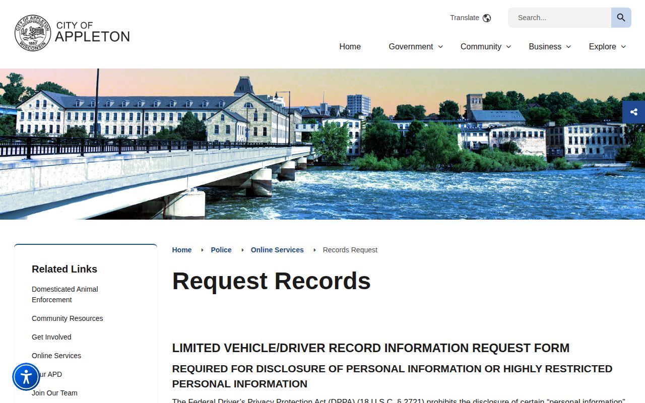Outagamie County Appleton police incident-record request source